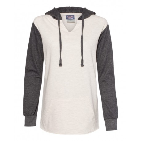 W20145 MV Sport W20145 Women's French Terry Hooded Pullover with Colorblocked Sleeves Charcoal/ Oatmeal
