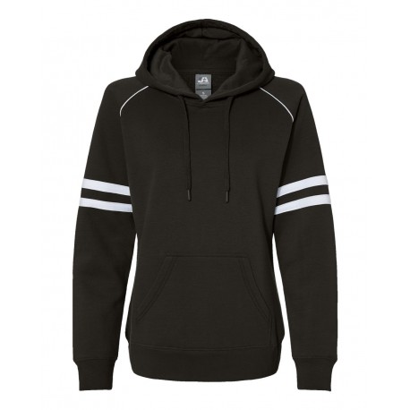 8645 J. America 8645 Women's Varsity Fleece Piped Hooded Sweatshirt BLACK