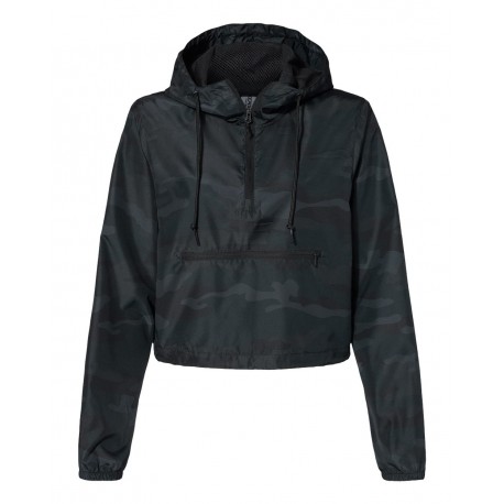 EXP64CRP Independent Trading Co. EXP64CRP Women's Lightweight Quarter-Zip Pullover Crop Windbreaker BLACK CAMO