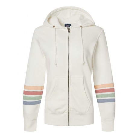 W22732 MV Sport W22732 Women's Striped Sleeves Full-Zip Hooded Sweatshirt IVORY