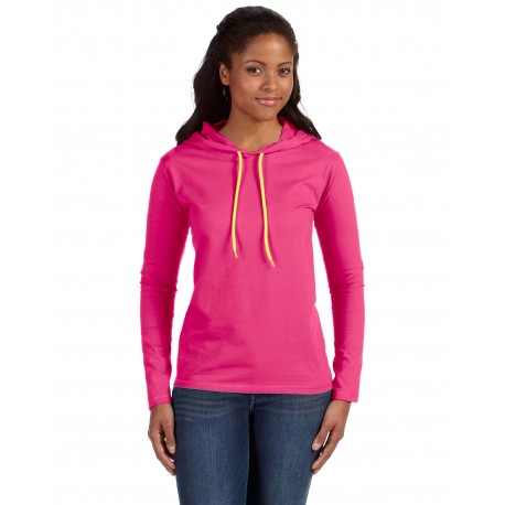 887L Anvil 887L Ladies' Lightweight Long-Sleeve Hooded T-Shirt HT PINK/NEO YEL