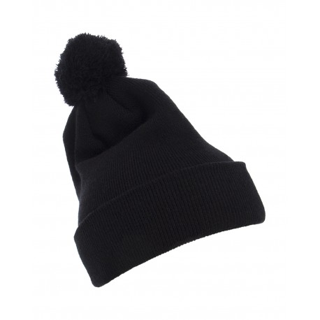 1501P Yupoong 1501P Cuffed Knit Beanie With Pom Pom Hat BLACK